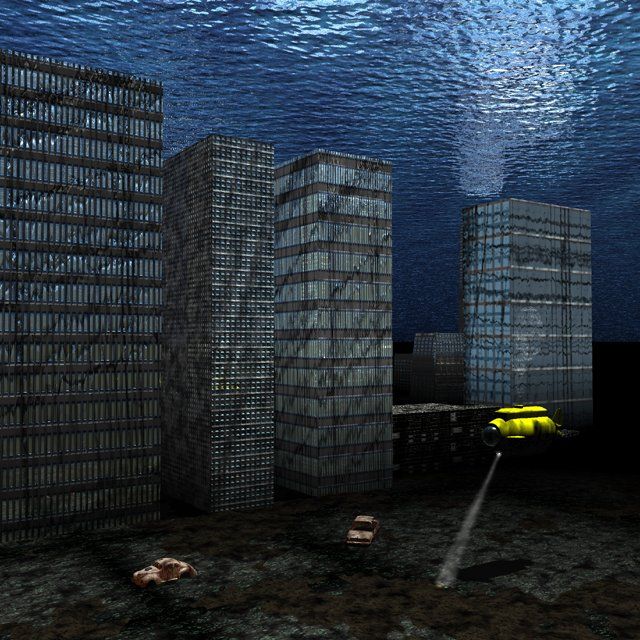 &Uuml;berspitzung eines Zukunftsszenarios bei einer ungebremsten Erw&auml;rmung der
                                Erdatmosph&auml;re.<br>"Deepblue 2" (erstellt mit Bryce 3D, Autor leider unbekannt)